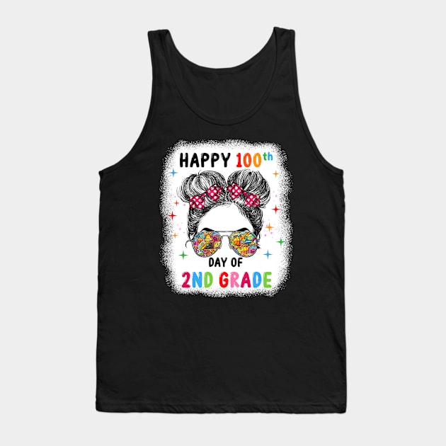 Bleached Happy 100th Day Of 2nd Grade Messy Bun Kids Girls Tank Top by Zak N mccarville